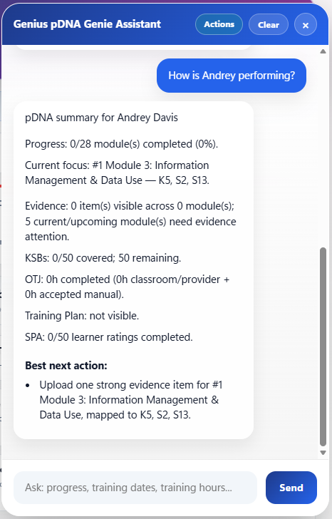 Genie AI assistant summarising learner progress, evidence, KSBs, OTJ and the best next action