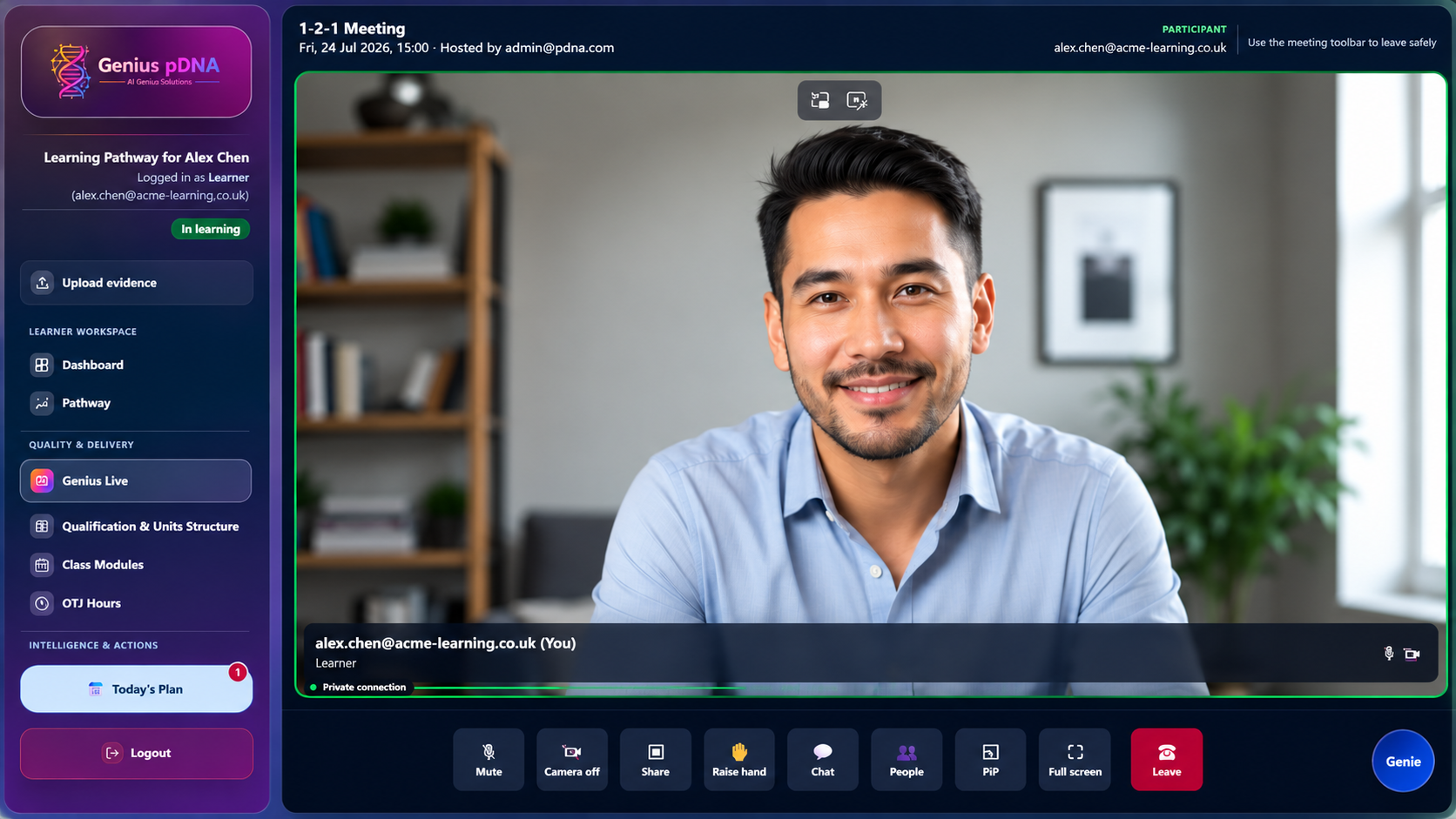 Genius Live video meeting embedded inside the Genius pDNA learner workspace