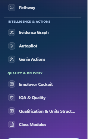 Genius pDNA navigation showing Evidence Graph, Autopilot, Genie Actions, Employer Cockpit, IQA and Class Modules