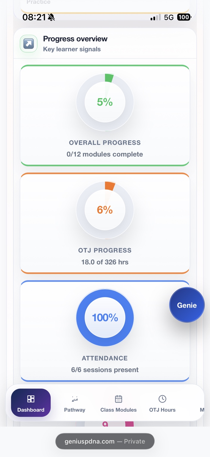 Mobile progress overview showing learner signals